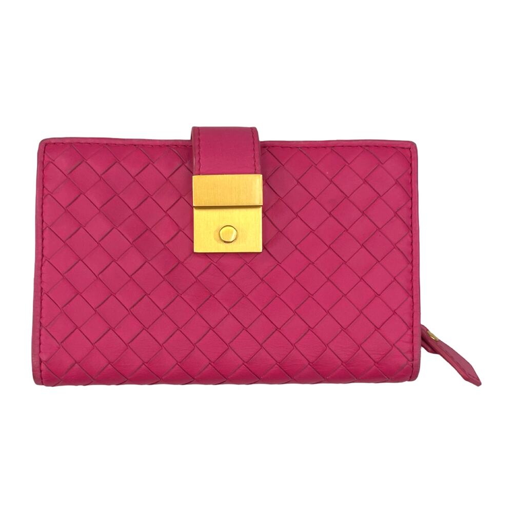 Bottega Veneta Pink Intrecciato Leather French Flap Wallet Gold Hardware Italy